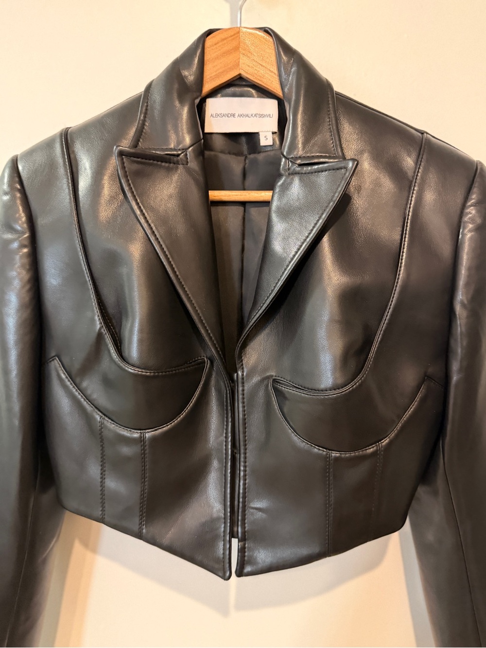 Aleksandre Akhalkatsishvili Black Vegan Leather Cropped Blazer Jacket – S